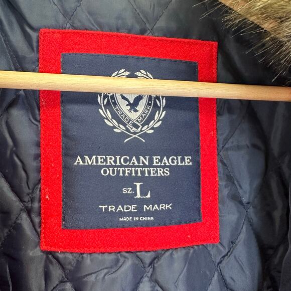 American Eagle Wool Blend Red Fur Hood Toggle Button Pea Coat Womens Large - Picture 12 of 16